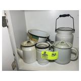 GROUP OF BLACK RIMMED ENAMEL WARE, MUGS, ETC