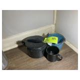 GROUP INCLUDING ENAMEL TEA KETTLE WITH HOLE IN BOT