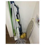 GROUP OF CLEANING ITEMS, MOPS, SWIFFER, ETC