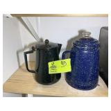 PAIR OF ENAMEL PITCHERS, 8 IN AND 10 IN TALL