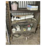 CONTENTS OF SHELVES UNDER SHELTER, FIREPLACE TOOLS