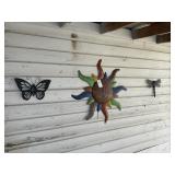 GROUP OF YARD ART, METAL HANGING SUN, BUTTERFLY, D