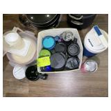 GROUP OF TRAVEL MUGS, THERMOS, ETC