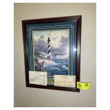 FRAMED AND MATTED LIGHT HOUSE PRINT WITH STAMPS, C