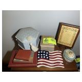 GROUP OF DECORATIVE ITEMS, COASTERS, OLD BOOKS, SU