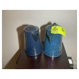 PAIR OF ENAMEL PITCHERS, 8.5 IN AND 9 IN TALL