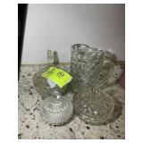 GROUP OF COVERED DISHES AND GLASS PITCHER