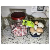 BASKET WITH CERAMIC TYPE EGGS, AND CANDY JAR
