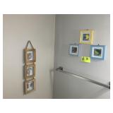 CONTENTS ON WALL IN BATHROOM, COSTAL THEMED ITEMS,