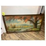 VINTAGE FRAMED LANDSCAPE SCENE PRINT ON BOARD BY D