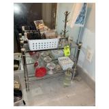 TWO TIER GLASS SHELF RACK WITH CONTENTS