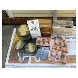 GROUP OF 3 VINTAGE POWDER CANISTERS, MUSIC BOXES,