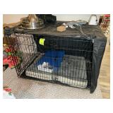LARGE METAL DOG CRATE WITH CONTENTS, BED, COVER, 4