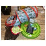GROUP OF PET RELATED ITEMS, WATERING BOWL, FRISBY,