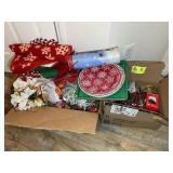TWO BOXES OF MISC CHRISTMAS DECOR, RUGS, TINS, NAT
