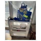 3 TIER ROLLING PLASTIC CART WITH CONTENTS, TOTE BA