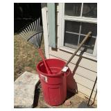 TRASH CAN WITH YARD TOOLS, PRUNER, SHOVEL