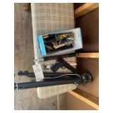 BOX OF MISC KNIVES AND VELBON TRIPOD