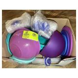 BOX WITH MISC TUPPERWARE CONTAINERS AND LIDS, SALT