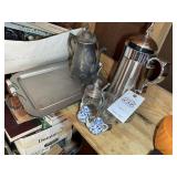 GROUP OF PLASTIC AND METAL TEA POTS, CREAM AND SUG