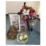 GROUP OF DECORATIVE ITEMS, BIRD CAGE BOWLS, FRAMED