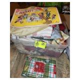 TOTE WITH MISC LINENS, TABLE CLOTHS, NAPKINS RINGS