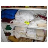 TWO SHELVES OF MISC LINENS, ELECTRIC BLANKET, TOWE