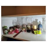 SHELF IN HALL BATH WITH MISC DECORATIVE ITEMS, VAS