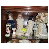TOP SHELF OF CHINA CABINET, VINTAGE DOLLS