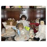 SECOND SHELF OF CHINA CABINET, VINTAGE DOLLS