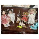 THIRD SHELF OF CHINA CABINET, VINTAGE DOLLS