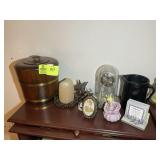 GROUP OF DECORATIVE ITEMS ON TOP OF BOOKCASE, MAN