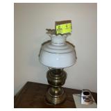 ELECTRIFIED OIL LAMP WITH GLASS SHADE, 23 IN TALL