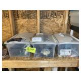 THREE SMALL TOTES WITH ASSORTED ELECTRICAL ITEMS,