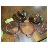 GROUP OF BROWN GLASS COOKWARE, PYREX LIDS, VISION