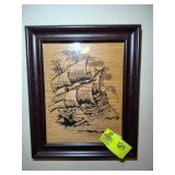 FRAMED WOOD SHIP PICTURE, 14.5 IN X 17.5 IN