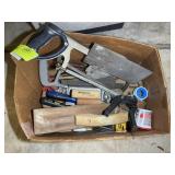 GROUP OF HAND TOOLS, SAWS, TROWELS, ETC