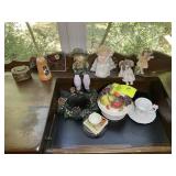 GROUP OF DECORATIVE ITEMS, FIGURINES, COVERED DISH