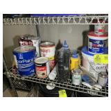 SHELF WITH ASSORTED SPACKLING, PAINTS, ETC