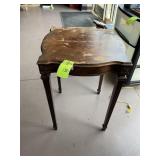 VINTAGE WOOD SIDE TABLE, 19 IN SQ X 26 IN, NEEDS R