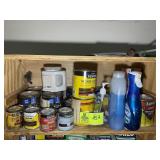 SHELF INCLUDING MISC STAINS, DISH SOAP, ETC