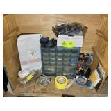 MISC GROUP INCLUDING PLASTIC PARTS BIN, METAL STRA