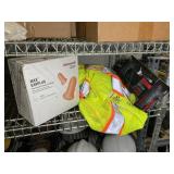 GROUP OF EAR PLUGS, SAFETY VESTS, GLOVES
