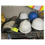 SHELF WITH HARD HATS, KNEE PADS, RUBBER BOOTS