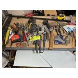 TOP SHELF OF MISC HAND TOOLS, HAMMER, CUTTERS, ETC