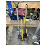 GROUP OF MISC YARD TOOLS, PICK AXE, SLEDGE HAMMER,