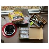 GROUP OF MISC KITCHEN ITEMS, PAPER PLATES, PLASTIC