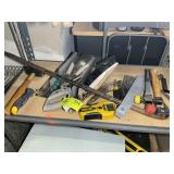 THIRD SHELF OF MISC HAND TOOLS, PRY BAR, MITER BOX
