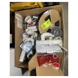 BOX WITH MISC PLUMBING SUPPLIES, FABRIC STRAPPING,