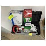 LARGE TOOL BOX WITH MISC PLUMBING SUPPLIES, FAUCET